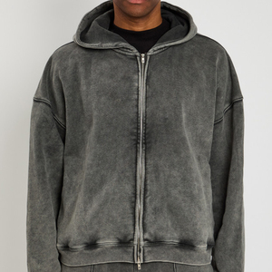 Campione gratuito <span class=keywords><strong>Zip</strong></span> up Top di alta qualità Pullover 100 cotone lavato acido felpe logo privato nero <span class=keywords><strong>con</strong></span> cappuccio - Product Image 3