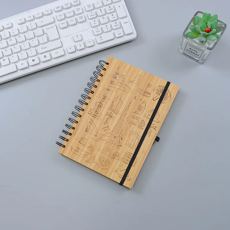 Cuaderno de bambú en espiral de naturaleza corporativa para oficina y escuela, impresión personalizada, cuadernos grabados personalizados