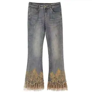 Dentelle dentelle denim printemps nouveau high street perlé jeans femmes à volants taille haute bottes denim pantalon Casual Sexy Y2K Blanchi