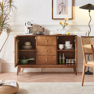 Buffet de cuisine et salle à manger en bois massif et rotin tressé, style moderne du milieu du siècle, avec 3 tiroirs de rangement, personnalisable, Russie, États-Unis - Product Image 1