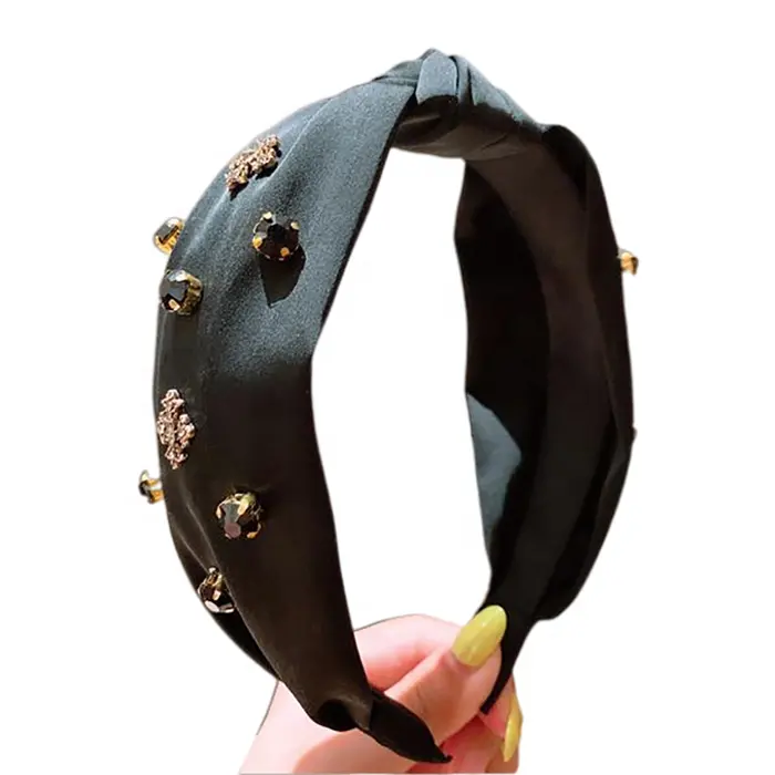 Popular retro hairband  satin fabric black diamond temperament headband  face hair band hair headdress