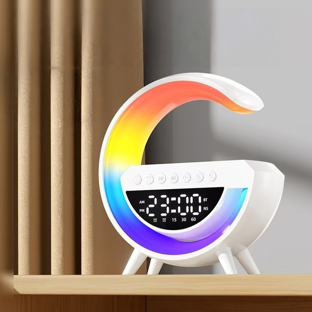 MQ Mini Wireless Charging Audio Speaker Alarm Clock Ambient Light Desktop Sound System Multifunction