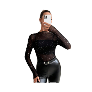 Châu Âu Hoa Kỳ Của Phụ Nữ T-Shirt 2025 Mùa Thu Bộ Sưu Tập Nhỏ Cổ Áo Dài Tay Áo Trong Suốt Rhinestone Trang Trí Hàng Đầu Lưới - Product Image 1