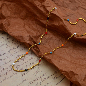 Colorful Beaded Necklace Gold Zinc Alloy Clavicle Chain For Women Autumn Winter Layering Jewelry - Product Image 2