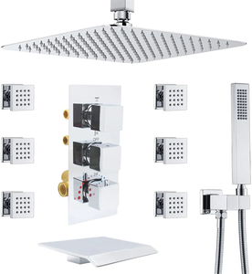 Sistema <span class=keywords><strong>Doccia</strong></span> <span class=keywords><strong>a</strong></span> Cascata <span class=keywords><strong>da</strong></span> 16 Pollici con Massaggio, Rubinetto Termostatico Monocomando, Costruzione in Ottone, Montaggio <span class=keywords><strong>a</strong></span> Parete - Product Image 1