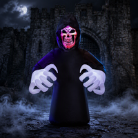 Modèle gonflable homme demi-corps 1,8 m, robe noire visage fantôme, éclairage LED, pour décoration de jardin et festival d'Halloween