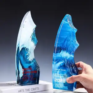 Creative Design Wave Blue Tone Crystal Trophy Art Crystal Crafts Company Souvenir Gift