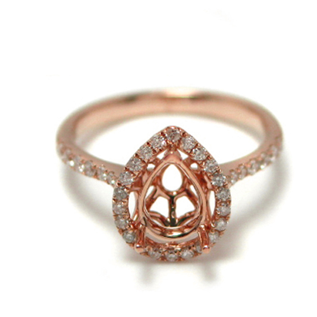 Pear Cut Diamond Halo Round 14k Rose Gold Jewelry Semi Mount Engagement Ring