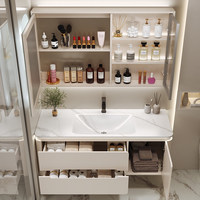 Meuble-lavabo mural flottant moderne style crème, étanche, avec miroir LED intelligent et éclairage d'ambiance, design écologique