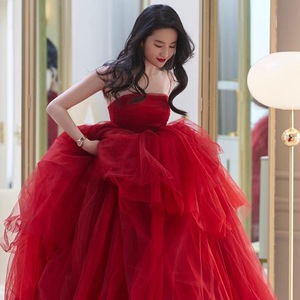 Red Strapless Tulle Ball <b>Gown</b> Wedding Dress Natural Waistline For <b>Brides</b> Evening Formal Wear - Product Image 3