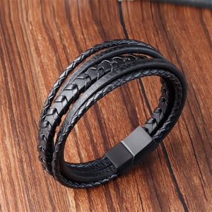 Luxury Custom Stainless Steel Leather Bracelet Multi Layer Men <b>Black</b> <b>Wrap</b> Leather Bracelet - Product Image 1