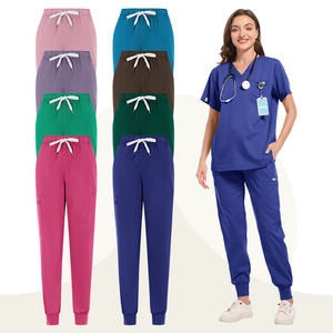 Women Hospital Scrub Set V-Neck Short Sleeve Elastic Cuff Work Uniform Moisture Wicking Knitted Split Set S XXL - Product Image 5