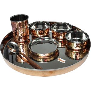 <b>Set</b> of <b>8</b> Stainless Steel and Copper Traditional <b>Dinnerware</b> 13-Inch Thali Plate Bowls Glass Spoon Single Pack - Product Image 5