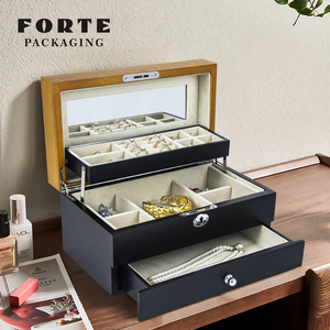 FORTE rétro nouveauté couleur clash 3 couches surdimensionné capacité anneau bracelet noir grain de bois <span class=keywords><strong>bijoux</strong></span> <span class=keywords><strong>bijoux</strong></span> boîte de rangement - Product Image 2