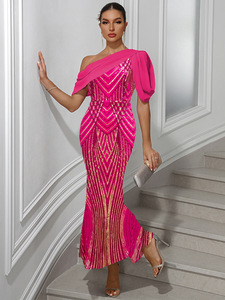 2026 In-Stock Hot Sale European and American New Style Women's Dress One-Shoulder Chiffon <b>Patchwork</b> Sequin Long Dress Party Gown - Product Image 6