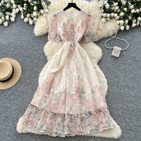 Robe élégante pour femmes, robe de soirée mi-longue à manches courtes, robe décontractée à fleurs en dentelle brodée, robe pour femmes