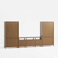 Meuble TV mural modulaire Japandi 141,7 pouces, console multimédia en bois avec étagères latérales, boutons dorés, luxe