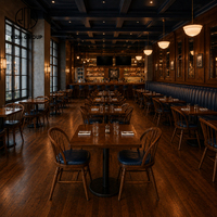 Ensemble de meubles de restaurant vintage Ron Group, table en bois massif, banquette en cuir à dossier haut, chaise rembourrée avec structure en bois