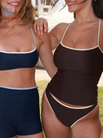 Tankini Dua Potong ODM Custom Contrast Binding dengan Tali Spaghetti, Atasan Tank Top Panjang, dan Bawahan Bikini High Cut untuk Wanita