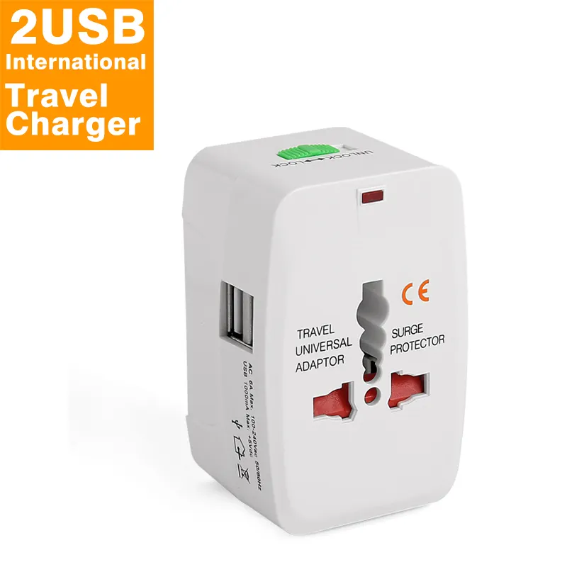 2USB semua dalam satu Adaptor EU AUS UK US Plug Dual AC soket Universal 10A pengisi daya Cepat Tipe C Global Travel Adapter