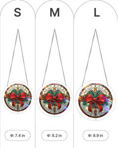 Round Stained Glass Suncatcher Christmas Bow <b>Ornament</b> Traditional Window Hanging Decor with <b>Red</b> Ribbon and Green Leaves Design - Product Image 3