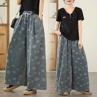 Pantalones Palazzo Vaqueros Florales Grabados de Verano 2026 al por Mayor, de Cintura Alta con Cordón Elástico y Fruncido, Lavado Medio, Tallas Grandes para Mujer