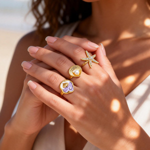 Bagues tendance thème océan, coquillages, étoiles de mer, incrustations de perles, plaqué or, ajustables, bijoux pour femmes, accessoire de fête - Product Image 1