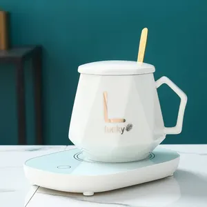 बिजली थर्मास्टाटिक हीटिंग पैड कस्टम चीनी मिट्टी के बरतन कॉफी चाय कप मिट्टी के यूएसबी चार्ज के साथ स्मार्ट गरम मग हीटर चम्मच