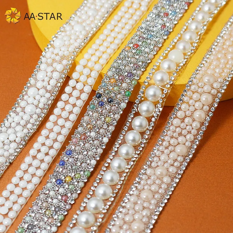 Wholesale rhinestone beaded pearl lace trim iron on for dresses