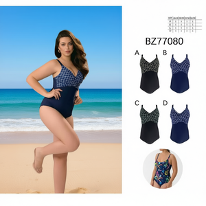 Costume da bagno intero HDJ Plus Size blu navy con controllo pancia, scollo a V e stampa geometrica, modello aderente BZ77080 - Product Image 3
