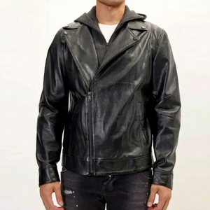 Veste en cuir à capuche pour homme personnalisée, capuche amovible, veste de motard noire, coupe ajustée, manteau de moto, mode masculine, streetwear décontracté, OEM - Product Image 3