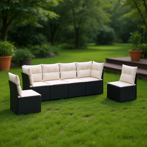 Garden <b>Sofa</b> <b>Set</b> Black Poly Rattan Adjustable Armrest Outdoor Furniture Contemporary Design - Product Image 2