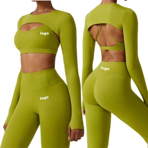 Conjunto de <span class=keywords><strong>Yoga</strong></span> de 3 Piezas, Top Corto, Personalizado, Azul, de Alta Calidad, con Sujetador Deportivo y Leggings - Product Image 1
