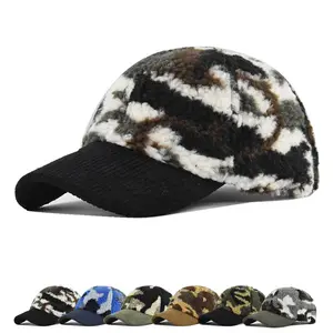 Fabriek Directe Winter Warme Fleece Fuzzy Polyester Papa Hoeden Custom Borduurwerk Logo Camouflage Corduroy 2 Two Tone Baseball Caps