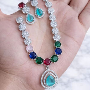 Fancy American Diamond Indian <b>Jewellery</b> <b>Set</b>: Stylish Necklace, Earrings & Pendant Jewelry for Women and Girls - Product Image 1