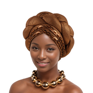 Zifeng OEM – Nouveau turban africain uni populaire, bonnet tressé perlé cousu à la main - Product Image 2