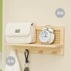 Scaffale portaoggetti a due livelli in legno massello e rattan in stile giapponese con gancio da parete intrecciato per chiavi, giornali e riviste, ideale per dormitorio - Product Image 4