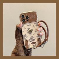 Étui de téléphone en cuir de luxe à motif floral vintage plein écran pour iPhone 17 16 Pro Max avec dragonne – Nouvelle collection automne-hiver en gros
