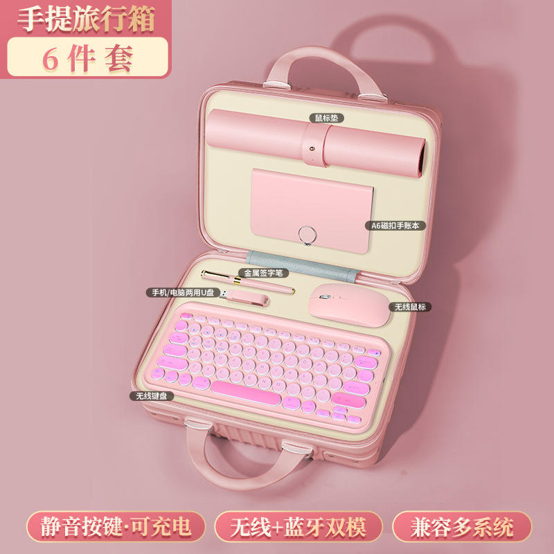 แผ่นรองเมาส์สีชมพู, คีย์บอร์ด, ปากกาเมาส์, แฟลชไดรฟ์ USB, กระเป๋าเดินทาง
