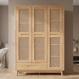 Modern Wooden <b>Wardrobe</b> With Cane Panel Doors Hinged Freestanding Bedroom Storage Cabinet Scandinavian Design - Product Image 3