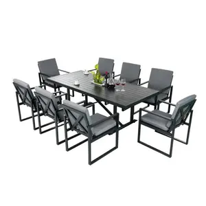 Set da pranzo da giardino esterno in metallo in alluminio 9 pezzi all'ingrosso include tavolo da pranzo imbottito e sedie per uso Patio