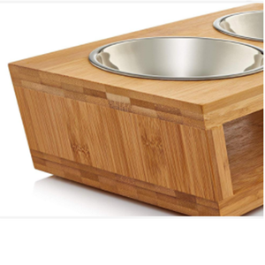 Mangkuk Kucing Besi Tahan Karat Mangkuk Makan Hewan Anjing Bambu Kayu Tempat Makan Berdiri Mangkuk Kucing dengan Mangkuk Keramik Ganda - Product Image 5
