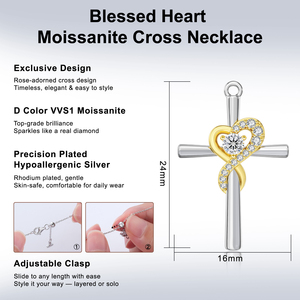 Colares com Pingente de Cruz VVS Moissanite, Presentes de Aniversário para Mulheres, Banhado a Ouro 14K, Prata Esterlina 925, Crucifixo, Fé, Coração - Product Image 2