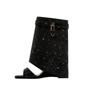 Tendance de la mode d'été pour femmes Peep Toe Slip-On <span class=keywords><strong>Sandales</strong></span> à talon plat Shark Lock Bottines courtes avec superposition de strass brillants - Product Image 3
