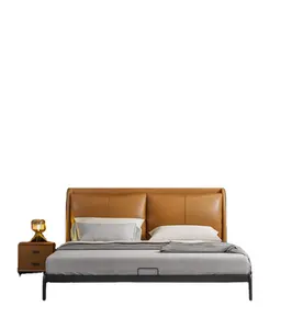 New Design Wholesale Italian Minimalist 1.8m Hardware Iron Frame Imported Top Layer Leather Upholstery Bed