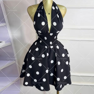 GX8842 ファッション 2025 セクシー ホルターネック ディープVネック ウェーブポイントプリント ミニドレス 夏 レディース カジュアル エレガント ノースリーブドレス - Product Image 1