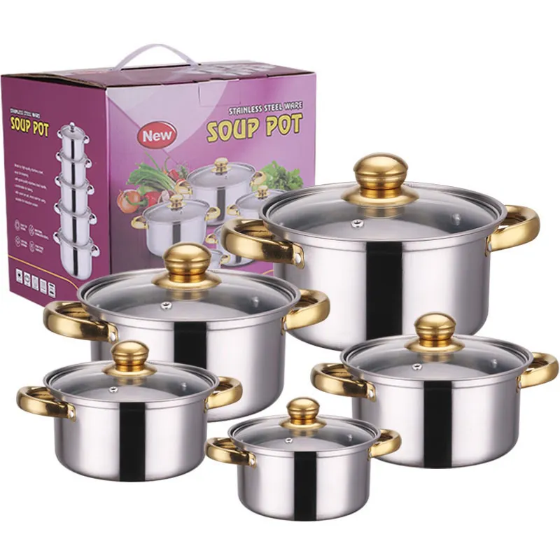 2023 nóng bán 10 cái thép không gỉ vàng xử lý nấu ăn chậu và chảo soong bếp Cookware sets