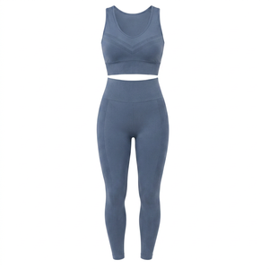 Conjunto Deportivo de Dos Piezas para Mujer, Talla Grande, Azul, Cuello Redondo, Espalda Descubierta, Leggings Largos de Cintura Media, Conjunto de Yoga Acanalado - Product Image 1