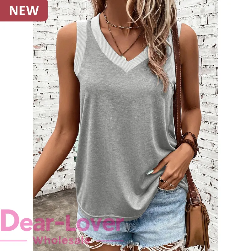 Dear-Lover Wholesale Private Label Fashion V Neck Women Basic Tops Sleeveless Summer Knit Ribbed Tank Top