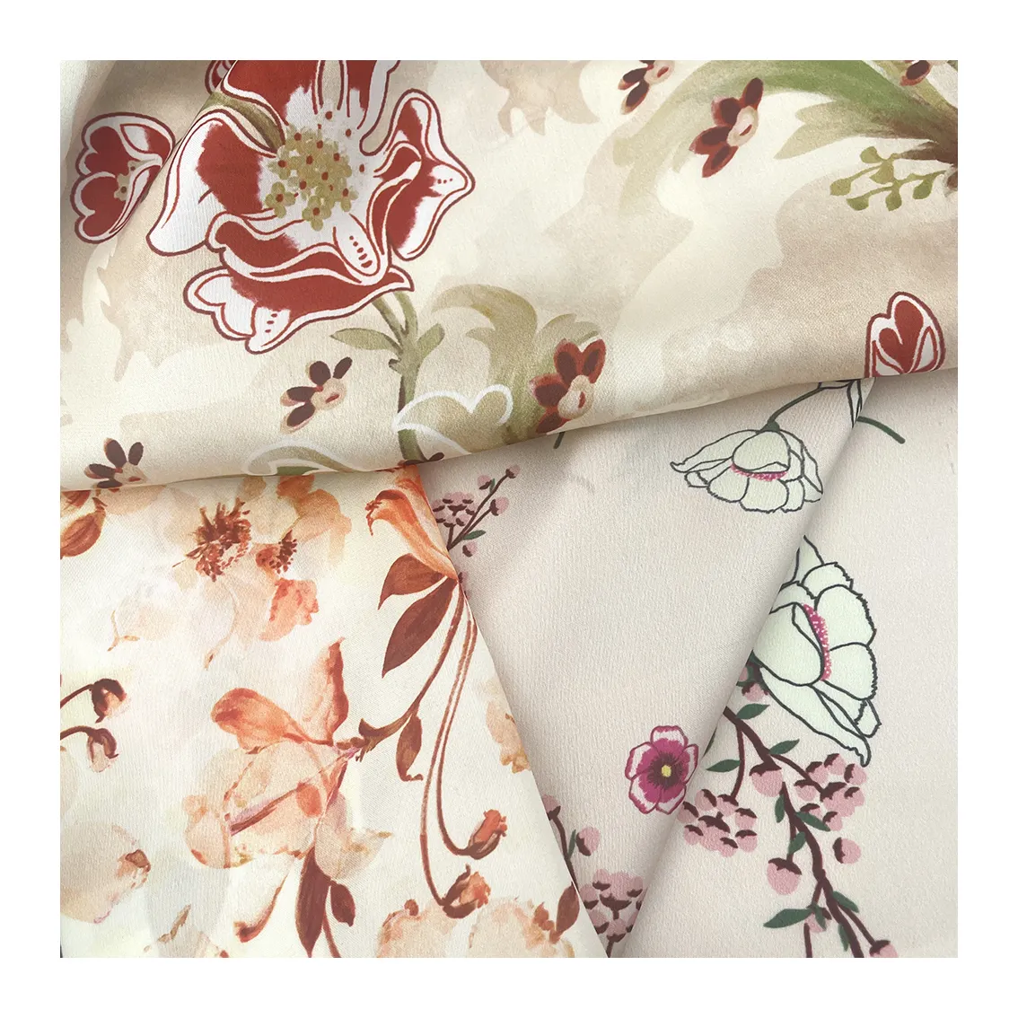 Tecido de seda macio para camisa, tecido de cetim de poliéster com estampa digital estilo flor kapok laranja de qualidade BC